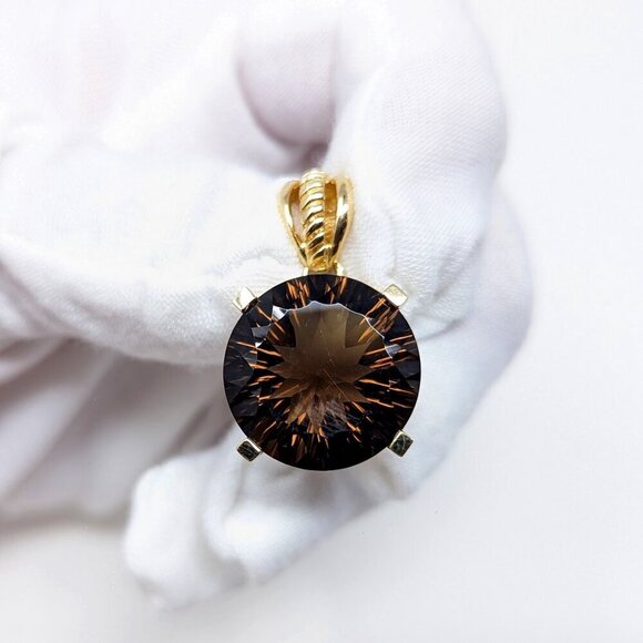 10K Solid Gold Large Round Vintage Smokey Quartz Pendant